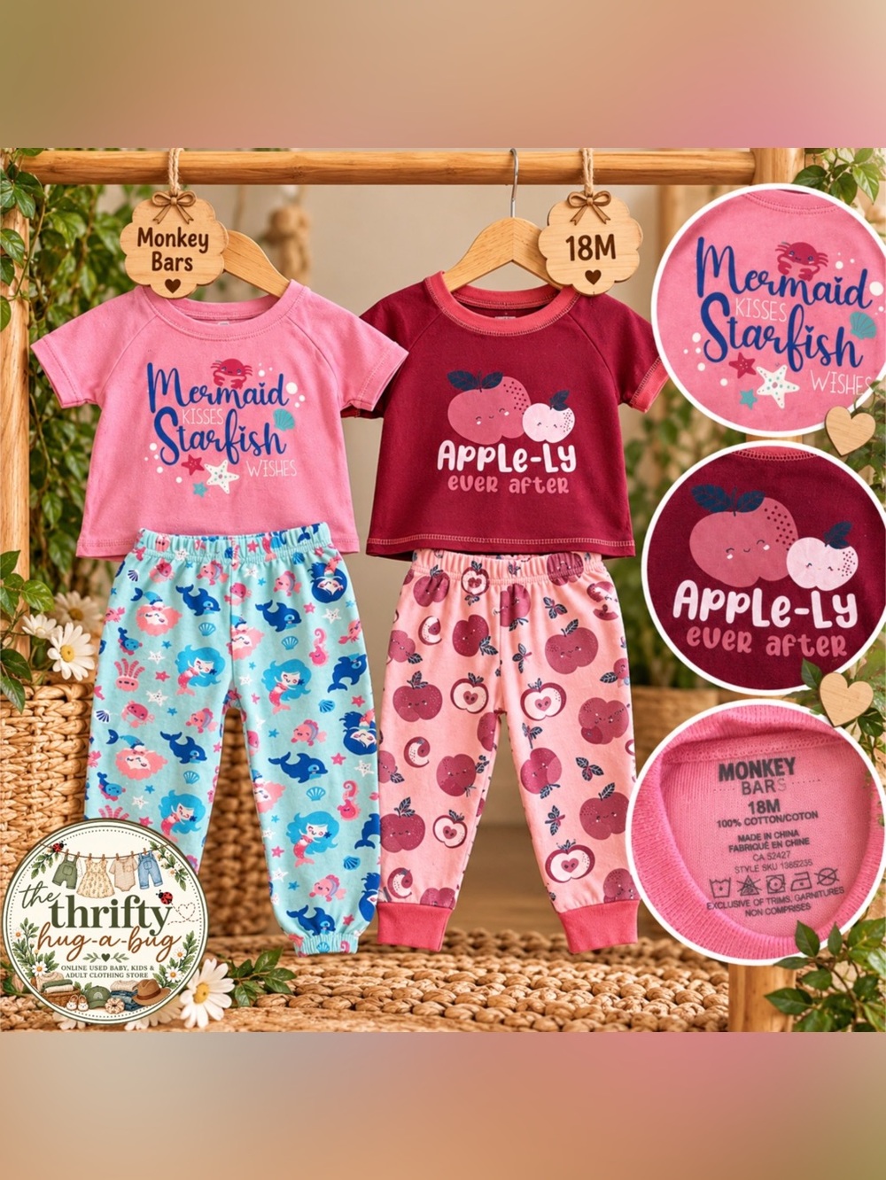Monkey Bars Girls 2-Piece Pajama Sets Bundle 18M | Mermaid & Apple PJs